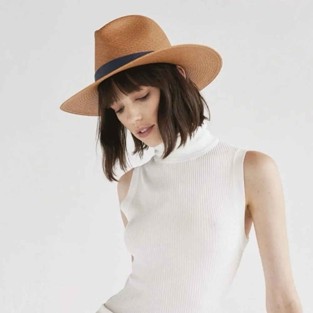 Janessa Leone ‘Panton’ Tan Straw Hat with Navy Blue Lamb Leather Band Janessa Leone Women main image 4